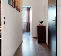A hallway in a 3-room apartment with a wooden decor floor and a painting on the wall.