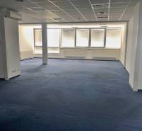 Offices with blue carpet, ceiling lights, air conditioning, and large windows with blinds.