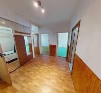 The entrance hall in a 3-room apartment with a wooden decor floor and hanging mirrors.