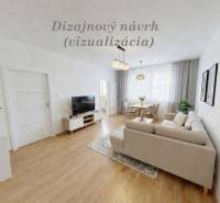 Living room with a comfortable sofa and a dining table in a 3-room apartment, floor with wood decor.