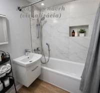 Bathroom in a 3-room apartment with a bathtub, sink, and floor with a wooden decor.