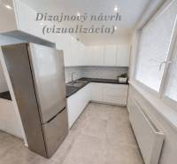 A kitchen with white cabinets and a gray floor in a 3-room apartment.