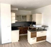 A kitchen in a 2-room apartment with a wood-patterned floor and built-in appliances.