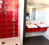 A bathroom with red and white tiles in a 2-room apartment.