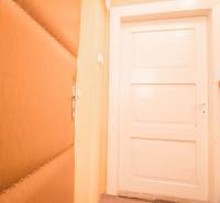 Doors with paneling, shelf, and orange wall in the interior of a family house.