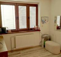 Interior of an office with wood-patterned flooring, a mirror, and a plant on the furniture.