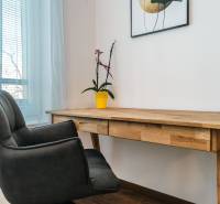A desk with a black chair and a plant, 2-room apartment.