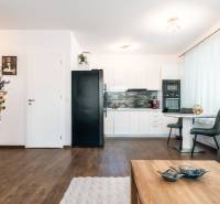 A bright kitchen in a 2-room apartment with a wood-patterned floor and elegant furnishings.