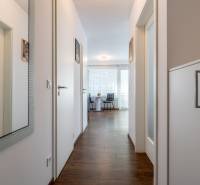 Hallway of a 2-room apartment with a wooden decor floor, mirror, and storage space.