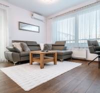 Living room in a two-room apartment with a comfortable sofa and a wooden-patterned floor.
