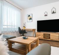 Living room in a 2-room apartment with a television, wooden furniture, and a floor with a wood decor.