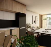 Kitchen with a dining table in a family house, wood decor and a black cabinet.
