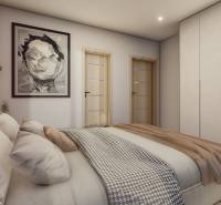 Bedroom in a family house with a large wardrobe, a painting, and a bed with neutral decor.
