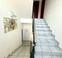 A staircase in offices with a stainless steel railing and a painting on the wall.