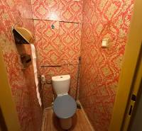 A toilet with red wallpaper and a wooden decor floor in a three-room apartment.