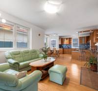 Living room with a fireplace cladding, green sofa set, and kitchen in a family house.