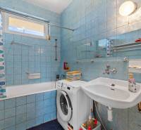 Bathroom with a sink, bathtub, and washing machine in a family house. Blue tiles and a shower curtain.