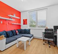 A living room in a family house with a red wall, a sofa, and a workspace.