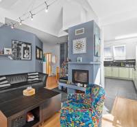 Living room in a family house with a sofa, fireplace, decorative paintings, and kitchen.