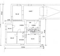 Floor plan of a family house on Tehelna Street in Sereď with a garage and storage rooms.