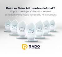 Awards of the real estate agency RADO Reality Group with inscriptions and logo in the background.