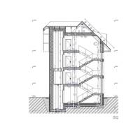 Architectural section of a building with staircase and construction details for Land - housing.