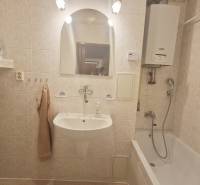 Bathroom with a shower, sink, radiator, and gas boiler in a 3-room apartment.