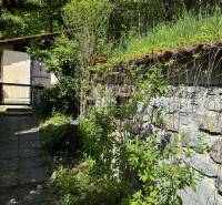 A stone path leading to a family house in Vrbovce, surrounded by greenery and a fence.