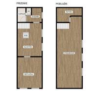 Floor plan of a family house with a wooden decor floor, living room, kitchen, and attic.