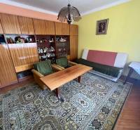 Living room in a family house with furniture, carpet, and a painting on the wall.