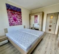 Bedroom in a 2-room apartment with a bed, wardrobe, and wooden decor flooring.