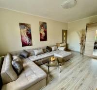 Living room in a two-room apartment with a wooden decor floor and a spacious sofa.