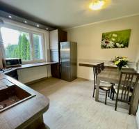 A kitchen in a 2-room apartment with a wooden decor floor and a dining table.