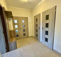A hallway in a 2-room apartment with light-colored doors and a coat rack wall.