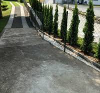 Sidewalk next to the house and thuja trees on the residential property on Jesenovce Street, Jasenovce.