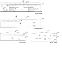 Architectural drawings of commercial spaces showing views from the north, south, east, and west.