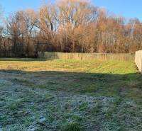 A snowy residential plot in Malé Leváre with fencing and trees in the background.