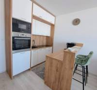 Studio apartment with a kitchenette, wooden decor flooring, and a bar counter with two stools.