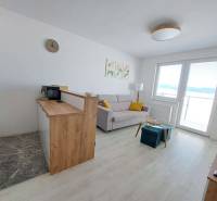 Studio apartment with a corner sofa, glass table, and wood-patterned flooring.