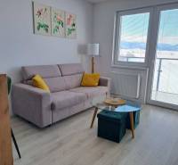 Studio apartment with a sofa, glass table, and wood-patterned flooring.