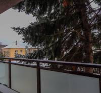 The balcony of a 3-room apartment on Svätého Štefana in Piešťany with a view of winter trees.