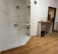 Bathroom with a bathtub and a sink, floor with wood decor in a studio apartment.