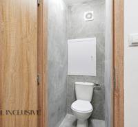 A toilet with wooden doors, gray walls, and a fan in a 3-room apartment.