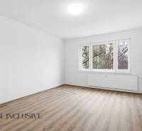 An empty living room in a three-room apartment with wood-patterned flooring and a large window.