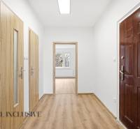 A hallway in a 3-room apartment with a wooden decor floor and wooden doors.