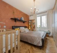 A bedroom in a two-room apartment with a wood-patterned floor and a baby crib.