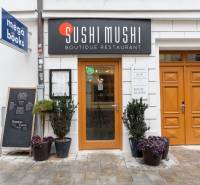 Gastro premises on Laurinská Street in Bratislava with visible menu and decoration.