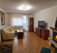 Living room with a fireplace, sofa, and wood-patterned flooring in a three-room apartment.