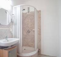 A bathroom in a 3-room apartment with a shower and a sink.