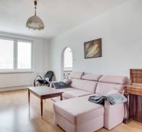 Living room in a 3-room apartment with a wooden decor floor and a comfortable sofa.